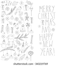 Hand drawn doodle vector illustration. Christmas line art black and white drawings. Christmas and New Year card with snowflakes, ornaments, lights, candy.