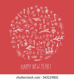 Hand drawn doodle vector illustration. Christmas line art drawings on red background in a circle. Christmas and new year card with snowflakes, fir branches, ornaments.