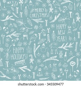 Hand drawn doodle vector illustration. Christmas line art white drawings. Seamless pattern with Christmas tree, fir branches, ornaments, snowflakes, socks, mittens, present box, sled, lights, cones.