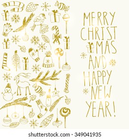 Hand drawn doodle vector illustration. Christmas line art drawings in shiny gold. Christmas card with tree, fir branches, ornaments, snowflakes, socks, present box, cones, mittens, candy cane.