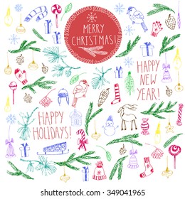 Hand drawn doodle vector illustration. Christmas line art colorful drawings. Christmas tree, fir branches, ornaments, snowflakes, socks, present box, cones for christmas card and party invitation.
