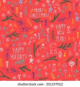 Hand drawn doodle vector illustration. Christmas colorful line art drawings on red. Vector seamless pattern with present boxes, snowflakes, fir branches, snowman, candy, ornaments.