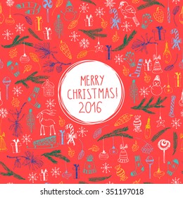 Hand drawn doodle vector illustration. Christmas line art drawings on red background. Christmas and new year card with lettering, snowflakes, snowman, fir tree branches, candy, ornaments.