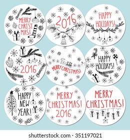 Hand drawn doodle vector illustration. Christmas line art black ink drawings. Round gift tags and labels with lettering, snowflakes, present box, christmas tree and ornaments.
