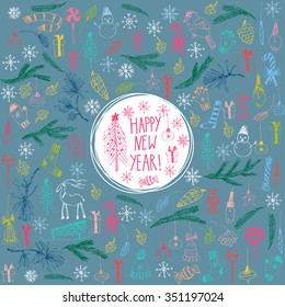 Hand drawn doodle vector illustration. Christmas line art drawings on blue background. Christmas and new year card with lettering, snowflakes, snowman, fir tree branches, candy, ornaments.