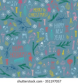 Hand drawn doodle vector illustration. Christmas  colorful line art drawings on blue. Vector seamless pattern with present boxes, snowflakes, fir branches, candy, snowman, ornaments.