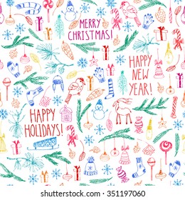 Hand drawn doodle vector illustration. Christmas line art colorful drawings on white background. Vector seamless pattern with present boxes, snowflakes, fir branch, ornaments, trees, candy, lettering.