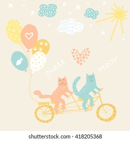 Hand drawn doodle vector illustration of cats riding a tandem bicycle with balloons. Greeting card design