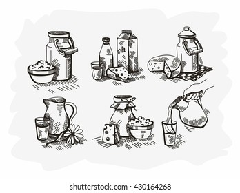 Hand drawn doodle vector illustration of milk products