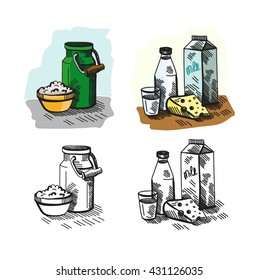 Hand drawn doodle vector illustration of milk products