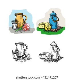 Hand drawn doodle vector illustration of milk products