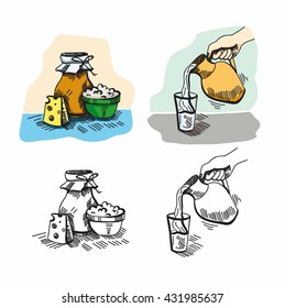 Hand drawn doodle vector illustration of milk products
