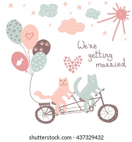 Hand drawn doodle vector illustration for wedding. Cats riding a tandem bicycle with balloons. Invitation design