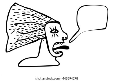 Hand drawn doodle vector illustration screaming woman on white background with place for your text. Cartoon primitive style.