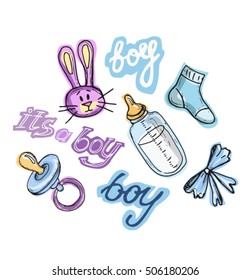 Hand drawn doodle vector illustration with baby shower. Baby born background. Vector illustration. Its a boy.