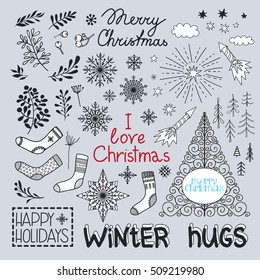 Ilustración vectorial de doodle dibujada a mano. Dibujos de arte de Navidad en negro. Pequeños juegos con letras, ramas de abeto, adornos, cajas de regalo, etiquetas, tarjeta.