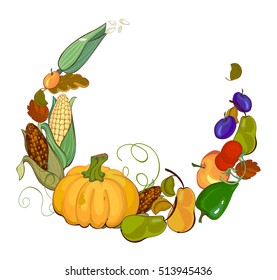 Hand drawn doodle Vector illustration autumn symbols collection. Vegetables and fruit