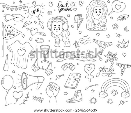 Hand drawn doodle vector illustration with various girl power themed elements. Includes feminist symbols, fashion accessories, makeup, hearts, stars, flowers, and motivational phrases. Perfect for pos