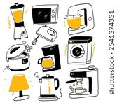 Hand drawn doodle vector illustrations of Electronic household appliances, Set of house set refrigerator or washing machine in electric shop and vacuum cleaner in appliance store.