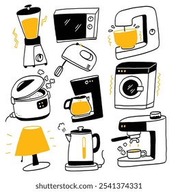 Hand drawn doodle vector illustrations of Electronic household appliances, Set of house set refrigerator or washing machine in electric shop and vacuum cleaner in appliance store.