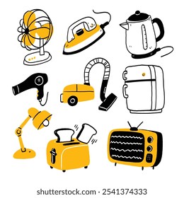 Ilustrações vetoriais de doodle desenhadas à mão de eletrodomésticos eletrônicos, conjunto de refrigerador de conjunto de casa ou máquina de lavar em loja elétrica e aspirador de pó em loja de eletrodomésticos.