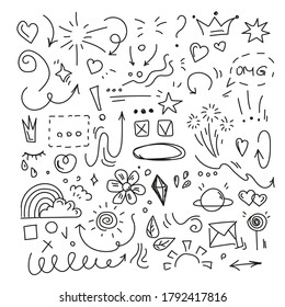 Hand drawn doodle vector isolated. Funny black outlined signs. Collection of sketches, decorative elements.