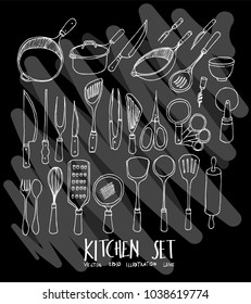 Hand drawn doodle vector line Kitchen tool icon set on Chalkboard