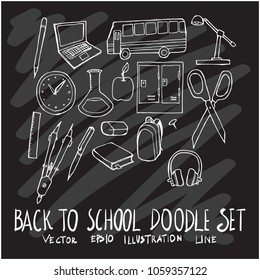 Hand drawn doodle vector line Back to school set on Chalkboard