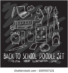 Hand drawn doodle vector line Back to school set on Chalkboard