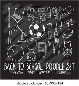 Hand drawn doodle vector line Back to school set on Chalkboard