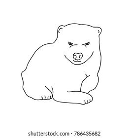 Hand Drawn Doodle Vector Line Art Illustration Lying Cute Little White Polar Bear Cub with Frown Face. Design Element for greeting Card Poster Fabric Pattern for Kids Boys.