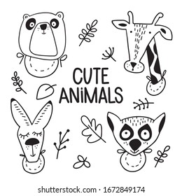 Hand drawn doodle vector linear drawing, set of cute children's illustrations of animals with bib and branches. Cute panda, giraffe, kangaroo, lemur isolated on white background. Card, print, poster