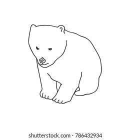 Hand Drawn Doodle Vector Line-art Illustration Sitting Cute Little White Polar Bear Cub with Thoughtful Face. Design Element for greeting Card Poster Fabric Pattern for Kids Boys.