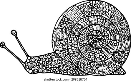 Hand drawn doodle vector outline snail illustration decorated with abstract ornaments. Abstract mobochrome snail drawing