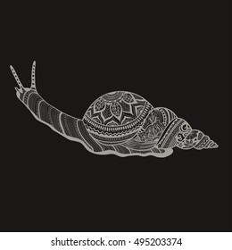 Hand drawn doodle vector outline snail illustration decorated with abstract ornaments. mobochrome snails drawing
