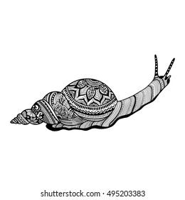 Hand drawn doodle vector outline snail illustration decorated with abstract ornaments. mobochrome snails drawing