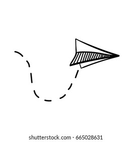 Hand drawn doodle vector paper airplane. Travel, route symbol. Vector illustration of hand drawn paper plane. Isolated. Outline.  Black linear paper plane icon 