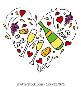 Hand drawn doodle vector pattern with cheese, wine glasses, bottles of sparkling wine, champagne, grapes and hearts. Wedding or valentines day party background invitation. Sketch text love