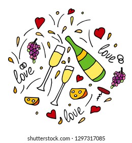 Hand drawn doodle vector pattern with cheese, wine glasses, bottles of sparkling wine, champagne, grapes and hearts. Wedding or valentines day party background invitation. Sketch text love