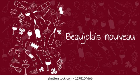 Diseño vectorial de doodle dibujado a mano con queso, vasos de vino, botellas, uvas y pan. Fiesta de vinos Beaujolais Nouveau en Francia. Texto Beaujolais nouveau. Colocar texto. Dibujo de esbozo