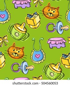 Hand drawn doodle vector pattern with baby shower. Baby born background. Vector illustration.