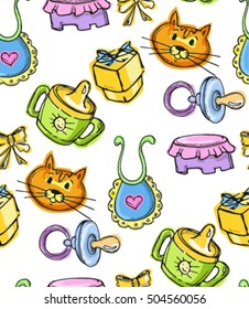 Hand drawn doodle vector pattern with baby shower. Baby born background. Vector illustration.