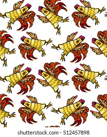 Hand drawn doodle vector pattern with cock. ornamental rooster, multicolored cock background.