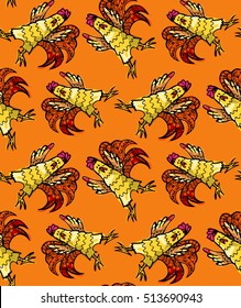 Hand drawn doodle vector pattern with cock. ornamental rooster, multicolored cock background.