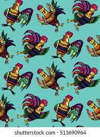 Hand drawn doodle vector pattern with cock. ornamental rooster, multicolored cock background.