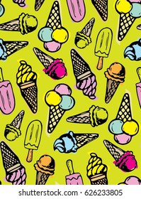 Hand drawn doodle vector pattern with ice cream. Vector illustration.