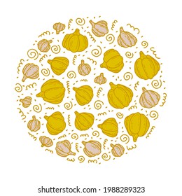Hand drawn doodle vector round colorful pumpkin and garlic pattern. Perfect for scrapbooking, greeting card, party invitation, poster and prints. 
