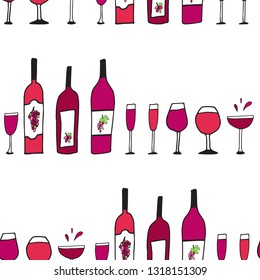 Hand drawn doodle vector seamless pattern with wine glasses and bottles. Red bordo wine, Sketch drawing