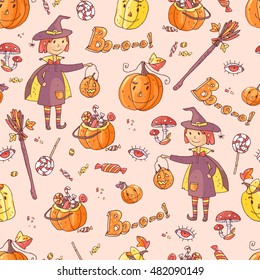 Hand drawn doodle vector seamless pattern with halloween elements: suits, characters, accessories, stickers, decorations. Cute kids style.