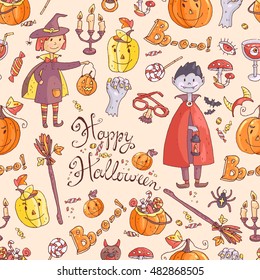 Hand drawn doodle vector seamless pattern with halloween elements: suits, characters, accessories, stickers, decorations. Cute kids style.